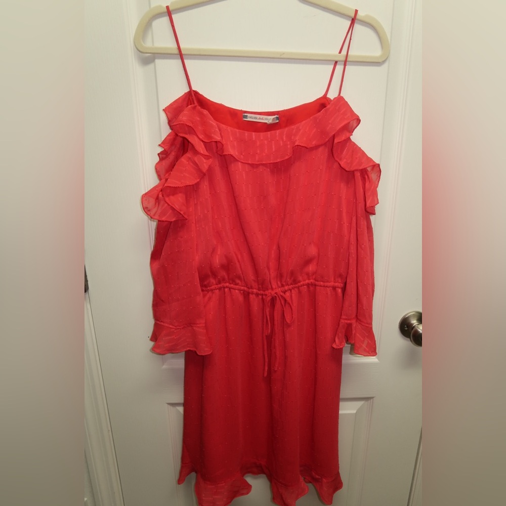 Orange Red ruffle dress with cutout sleeves. L Cinco de Mayo